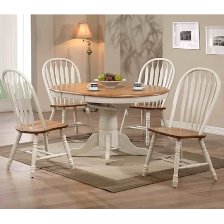 White-Trimmed Round Table with Arrow Back Side Chairs